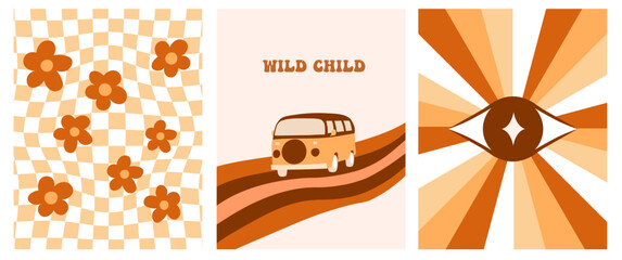 Abstract retro aesthetic backgrounds set with groovy flowers. Vintage travel car art print. Hippie 60s, 70s, 80s style. pastel wall art.