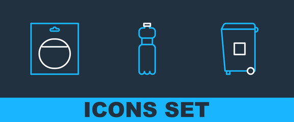 Set line Trash can, Battery in pack and Bottle of water icon. Vector