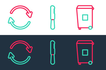 Set line Trash can, Refresh and Disposable plastic knife icon. Vector