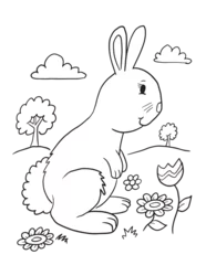 Wall murals Cartoon draw Cute Easter Bunny Rabbit Coloring Book Page Vector Illustration Art