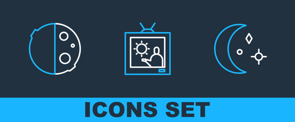 Set line Moon and stars, Eclipse of the sun and Weather forecast icon. Vector