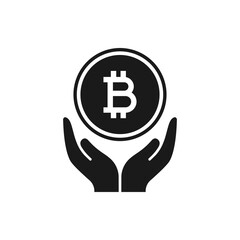 Bitcoin coin on hand. Investment, earnings, income, donation icon flat style isolated on white background. Vector illustration