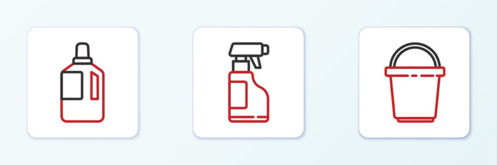 Set line Bucket, Fabric softener and Spray bottle with detergent liquid icon. Vector