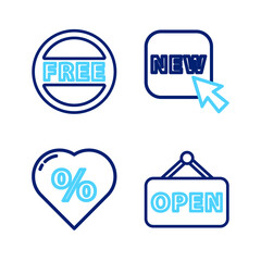 Set line Hanging sign with Open, Discount percent tag heart, Button text New and Price Free icon. Vector