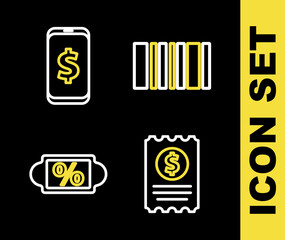Set line Barcode, Paper check and financial check, Discount percent tag and Smartphone with dollar icon. Vector