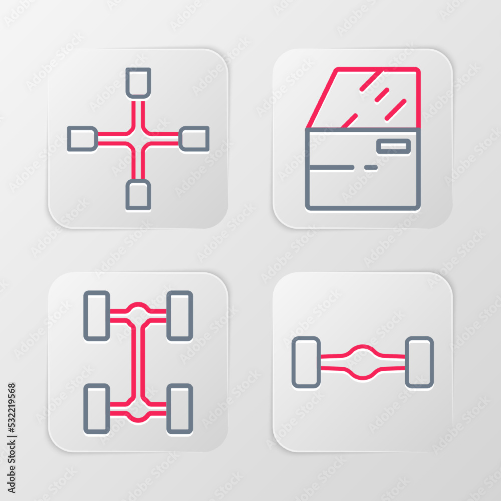 Sticker Set line Chassis car, Car door and Wheel wrench icon. Vector