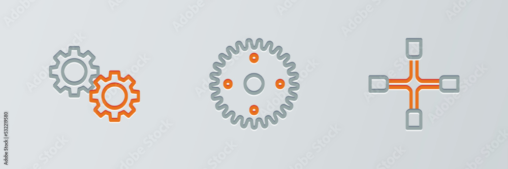 Sticker set line wheel wrench, gear and icon. vector