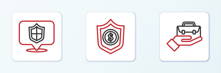 Set line Hand holding briefcase, Location shield and Shield with dollar icon. Vector