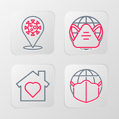 Set line Earth with medical mask, House heart inside, and Corona virus 2019-nCoV on location icon. Vector