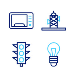 Set line Light bulb, Traffic light, Antenna and Microwave oven icon. Vector
