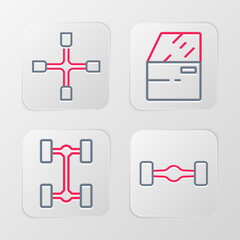Set line Chassis car, Car door and Wheel wrench icon. Vector