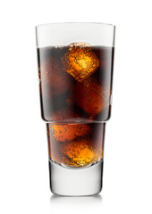 Luxury Glass of cola soft drink with ice cubes and bubbles on white background.