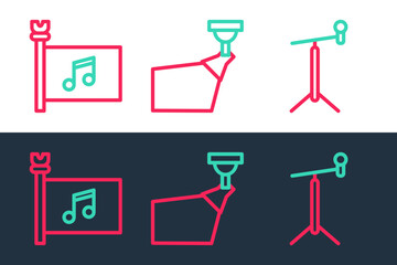 Set line Microphone with stand, Music festival flag and Movie spotlight icon. Vector