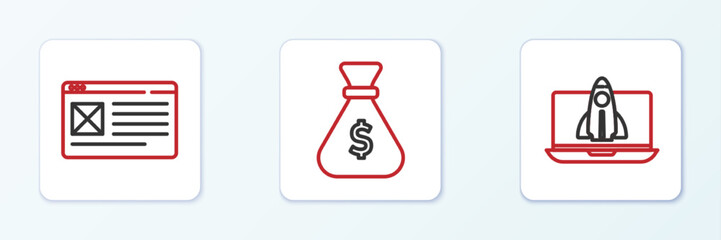 Set line Startup project concept, Browser window and Money bag icon. Vector