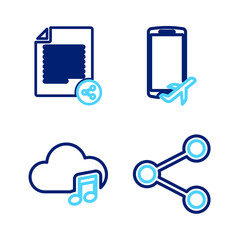 Set line Share, Music streaming service, Flight mode the mobile and file icon. Vector