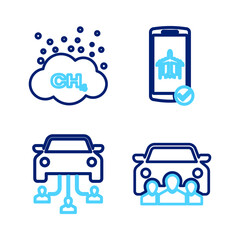 Set line Car sharing, Flight mode the mobile and Methane emissions reduction icon. Vector