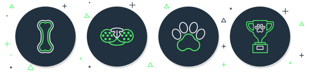 Set line Cat nose, Paw print, Dog bone and Pet award icon. Vector