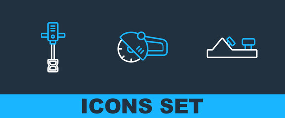 Set line Wood plane tool, Electrical hand concrete mixer and Angle grinder icon. Vector