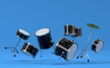 Set of drums and drumset with metal cymbals on blue background