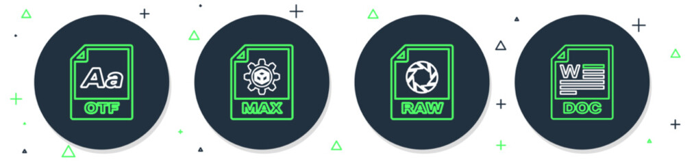 Set line MAX file document, RAW, OTF and DOC icon. Vector