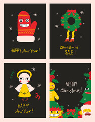 Merry Christmas and Happy New Year 2023. Vector trendy abstract illustrations of holiday card with santa claus, deer, crazy geometric shapes, christmas tree and wreath for poster.