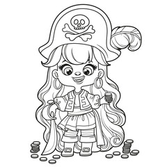 Cute cartoon long haired pirate girl with saber and gold coins outlined for coloring page on white background