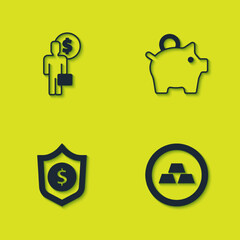 Set Business man planning mind, Gold bars, Shield with dollar and Piggy bank icon. Vector