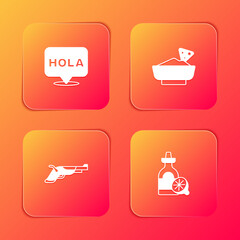 Set Hola, Nachos in bowl, Vintage pistols and Tequila bottle with lemon icon. Vector © vector_v