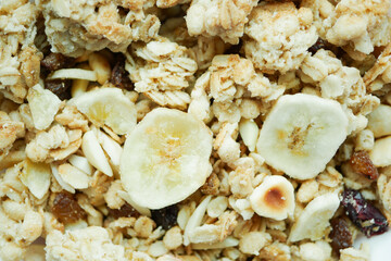 detail shot of banana granola Musli in a bowl, 