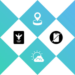 Set Passport, Sun and cloud weather, Location and No cell phone icon. Vector