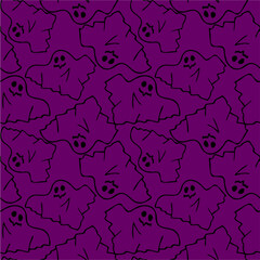 seamless contour pattern of graphic flying black ghosts on purple background, texture, design