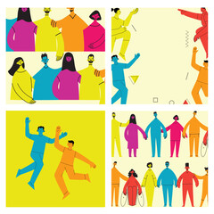Young men and women with abstract geometric shapes. Team building and teamwork concept. Business partnership, cooperation and communication. Modern flat cartoon style.