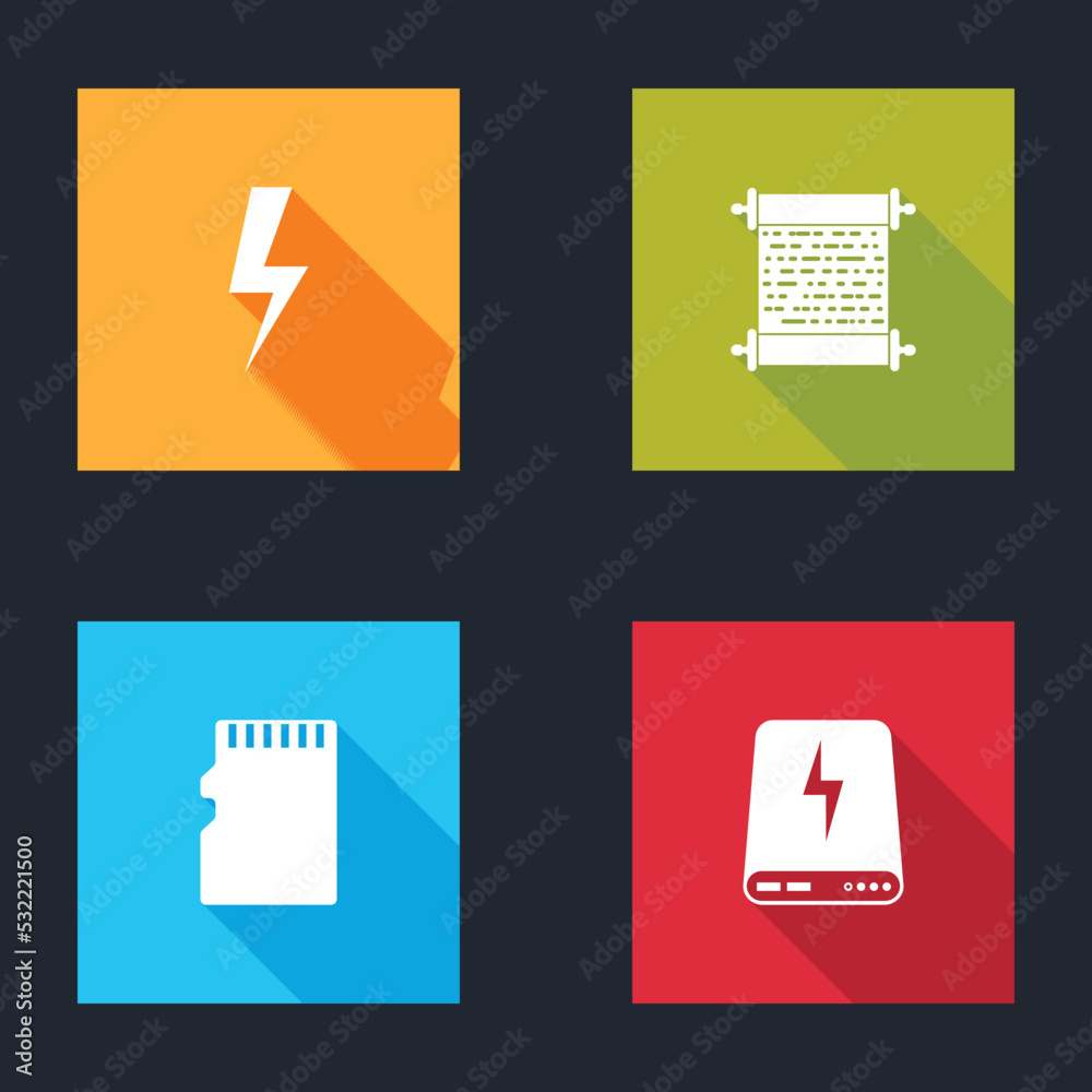 Wall mural set lightning bolt, paper scroll, micro sd memory card and power bank icon. vector