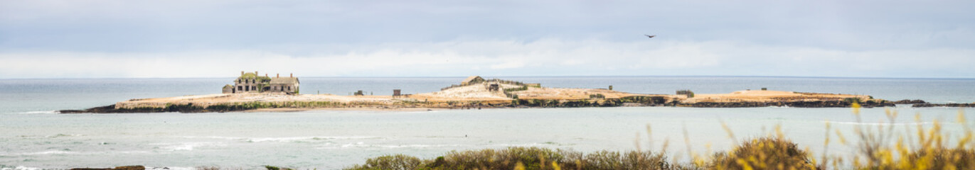 Super ultra wide panorama of an abandoned research station at Point Reyes, Marin Coast Headlands,...