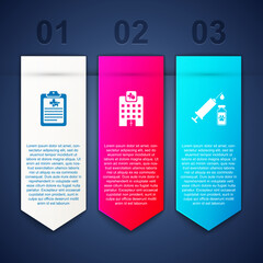 Set Clinical record pet, Veterinary medicine hospital and Syringe with vaccine. Business infographic template. Vector