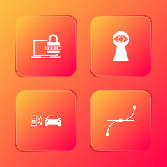 Set Laptop with password, Keyhole eye, Smart car alarm system and Bezier curve icon. Vector