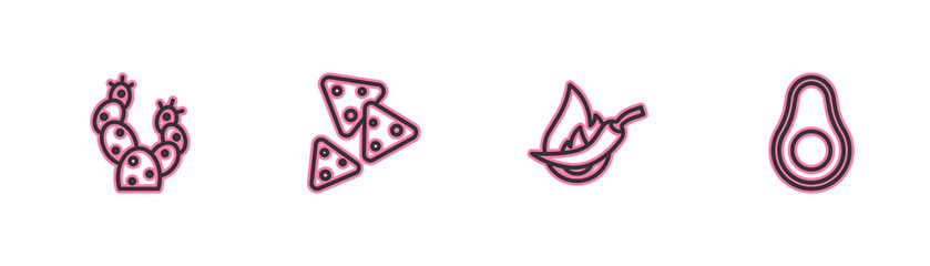 Set line Cactus, Hot chili pepper pod, Nachos and Avocado fruit icon. Vector