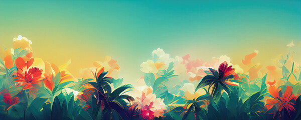 Floral summer wallpaper design as exotic background illustration - obrazy, fototapety, plakaty