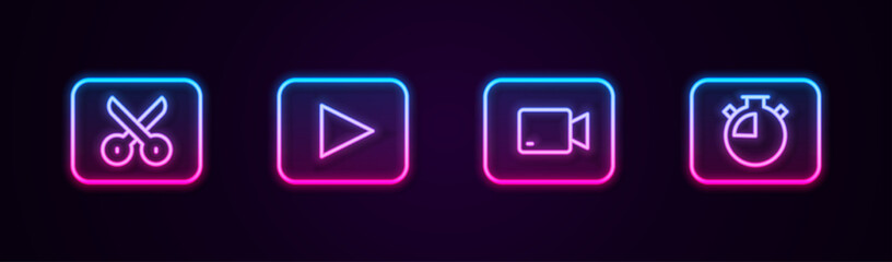 Fototapeta na wymiar Set line Music or video editing, Play button, and Stopwatch. Glowing neon icon. Vector