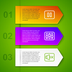Set line Pause button, Sound mixer controller and Speaker mute. Business infographic template. Vector