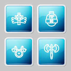Set line Christian cross, Video game bar, Medieval shield with axe and poleaxe icon. Vector