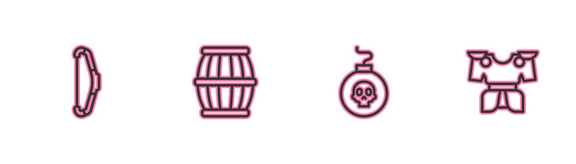 Set line Medieval bow, Bomb ready to explode, Gun powder barrel and Body armor icon. Vector