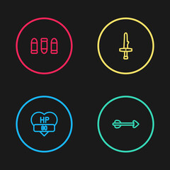 Set line Video game bar, Arrow, Dagger and Bullet icon. Vector