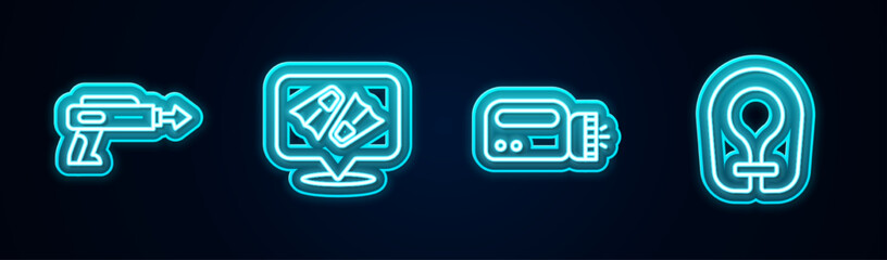 Set line Fishing harpoon, Flippers for swimming, Flashlight diver and Life jacket. Glowing neon icon. Vector