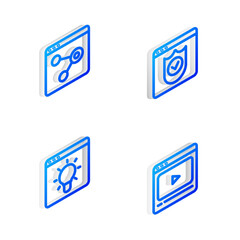 Set Isometric line Browser with shield, window, and Online play video icon. Vector