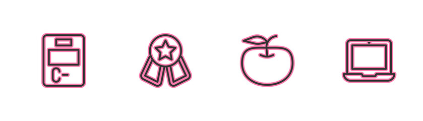 Set line Exam paper with incorrect answers, Apple, Medal star and Laptop icon. Vector