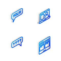 Set Isometric line Foreign language online study, Hola different languages, Speech bubbles with Question and Online translator icon. Vector © vector_v