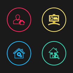 Set line Search house, , Hanging sign with Open and Realtor icon. Vector