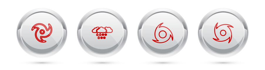 Set line Tornado, Cloud with snow and rain, and . Silver circle button. Vector