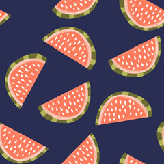 Watermelon seamless pattern texture. Exotic fruit pattern in hand-drawn style. Vector repeat background for colorful summer fabric.